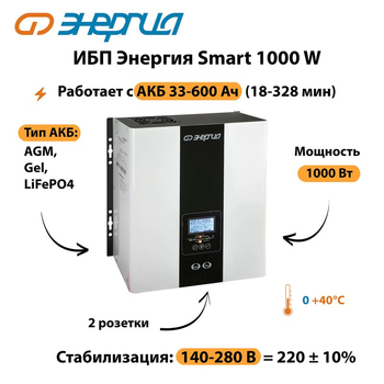 ИБП Энергия Smart 1000W - ИБП и АКБ - Энергия ИБП Smart - . Магазин оборудования для автономного и резервного электропитания Ekosolar.ru в Тобольске