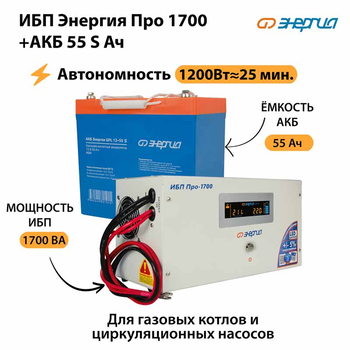 ИБП Энергия Про 1700 + Аккумулятор S 55 Ач - 12В (1200Вт - 25мин) - ИБП и АКБ - ИБП для котлов - . Магазин оборудования для автономного и резервного электропитания Ekosolar.ru в Тобольске