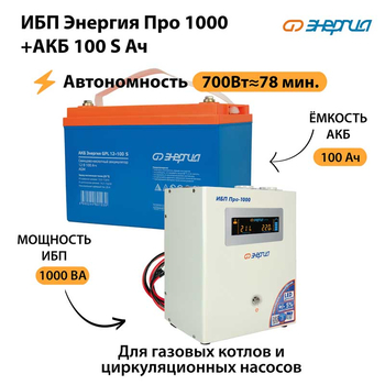 ИБП Энергия Про 1000 + Аккумулятор S 100 Ач - 12В (700Вт - 78мин) - ИБП и АКБ - ИБП для котлов - . Магазин оборудования для автономного и резервного электропитания Ekosolar.ru в Тобольске
