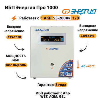Энергия ИБП Про 1000 12В - ИБП и АКБ - ИБП для котлов - . Магазин оборудования для автономного и резервного электропитания Ekosolar.ru в Тобольске