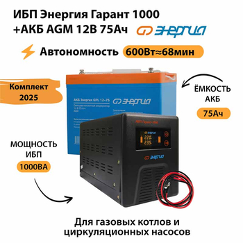 ИБП для котла Энергия Гарант 1000 + Аккумулятор 75 Ач 12 В (600Вт - 68мин) - ИБП и АКБ - ИБП для котлов - . Магазин оборудования для автономного и резервного электропитания Ekosolar.ru в Тобольске