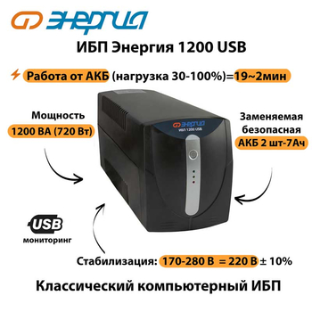 Энергия ИБП 1200 USB - ИБП и АКБ - ИБП для компьютера - . Магазин оборудования для автономного и резервного электропитания Ekosolar.ru в Тобольске