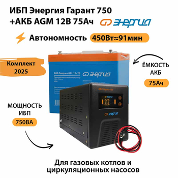 ИБП для котла Энергия Гарант 750 + Аккумулятор 75 Ач 12 В (450Вт - 91мин) - ИБП и АКБ - ИБП для котлов - . Магазин оборудования для автономного и резервного электропитания Ekosolar.ru в Тобольске