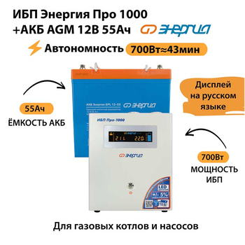 ИБП для котла Энергия Про 1000 + Аккумулятор 55 Ач 12 В (700Вт - 43мин) - ИБП и АКБ - ИБП для котлов - . Магазин оборудования для автономного и резервного электропитания Ekosolar.ru в Тобольске