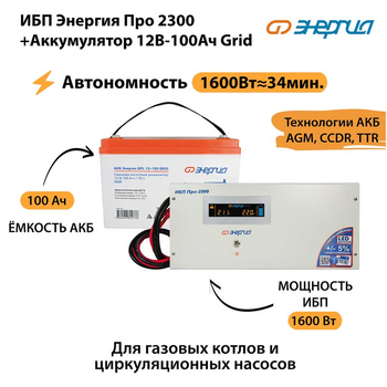ИБП для котла Энергия Про 2300 + Аккумулятор Grid 100 Ah 12 v (1600Вт - 34мин) - ИБП и АКБ - ИБП для котлов - . Магазин оборудования для автономного и резервного электропитания Ekosolar.ru в Тобольске